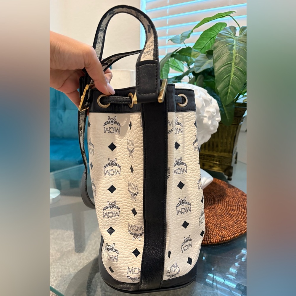 MCM White and Black Visetos Drawstring Crossbody Bucket Bag - Picture 8 of 15